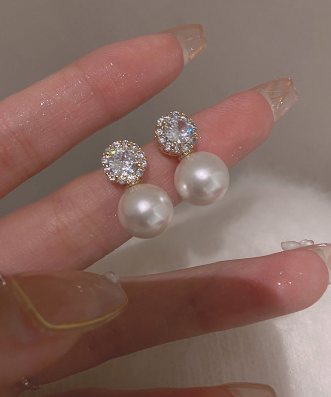 White Alloy Zircon Pearl Stud Earrings