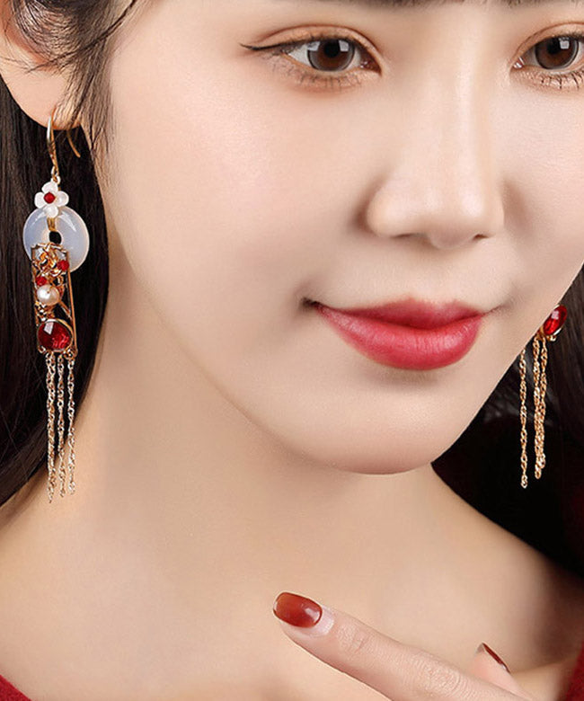 White Copper Jade Agate Pearl Tassel Drop Earrings