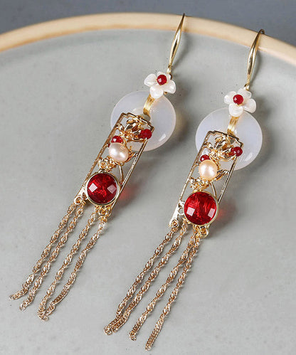 White Copper Jade Agate Pearl Tassel Drop Earrings