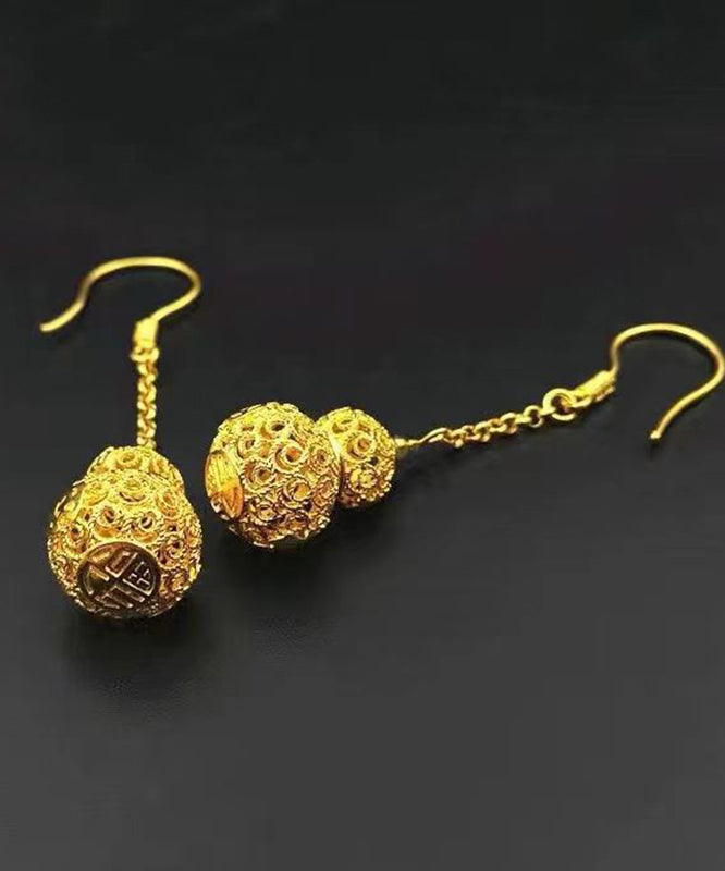 Yellow Copper Overgild Hollow Out Gourd Drop Earrings