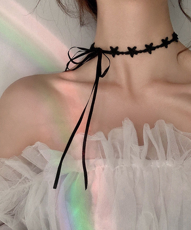 Boutique Black Lace Star Bow Tie Lace Pendant Necklace Yu006