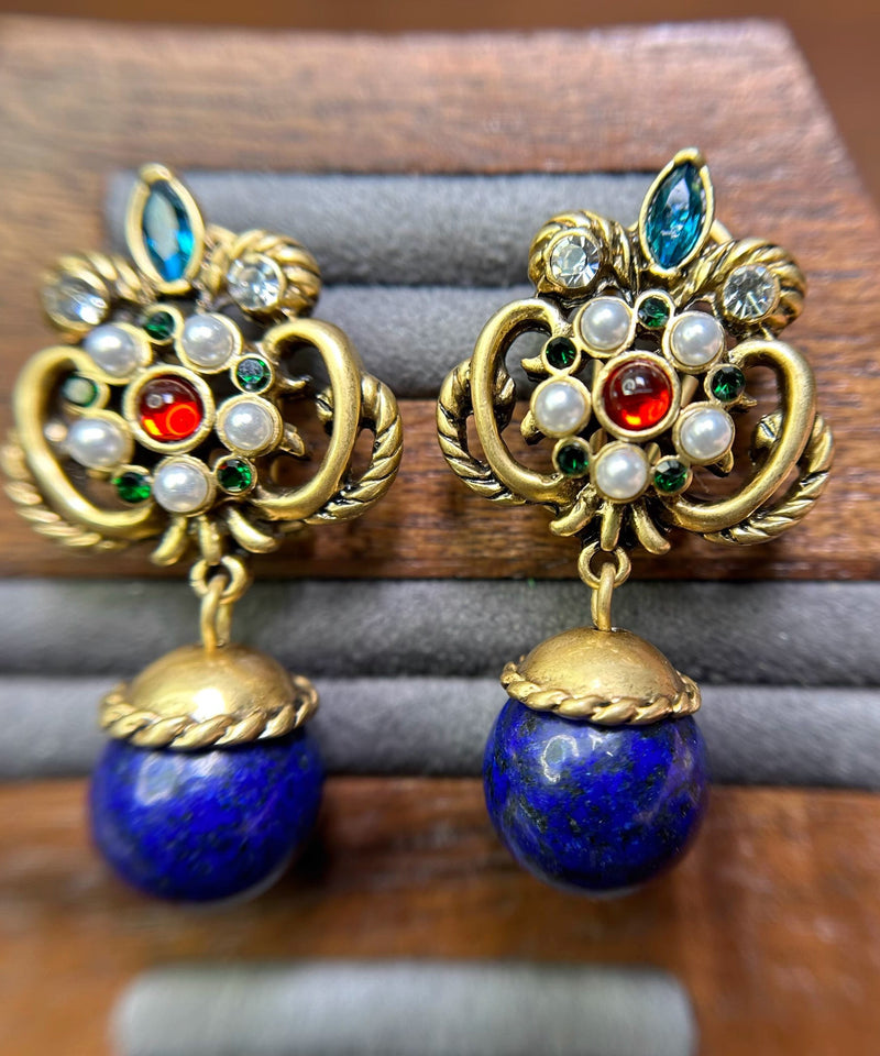 Boutique Blue Sterling Silver Overgild Fleur-de-lis Gem Stone Drop Earrings