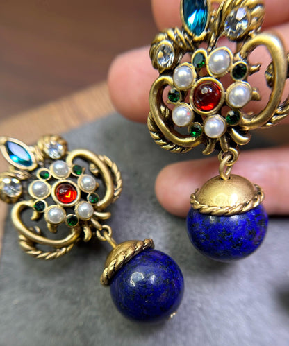 Boutique Blue Sterling Silver Overgild Fleur-de-lis Gem Stone Drop Earrings