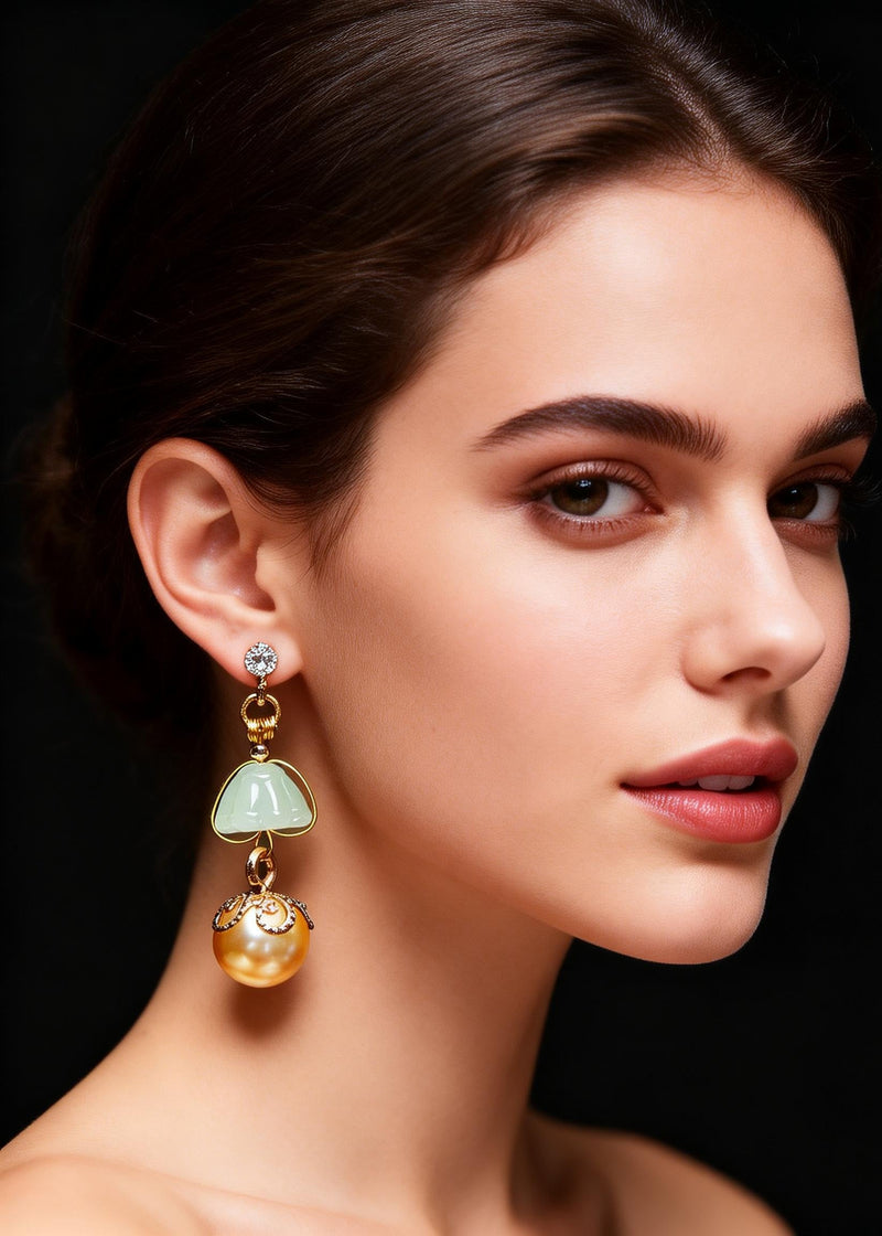 Boutique Champagne Pearl Lotus Seedpod Jade Drop Earrings