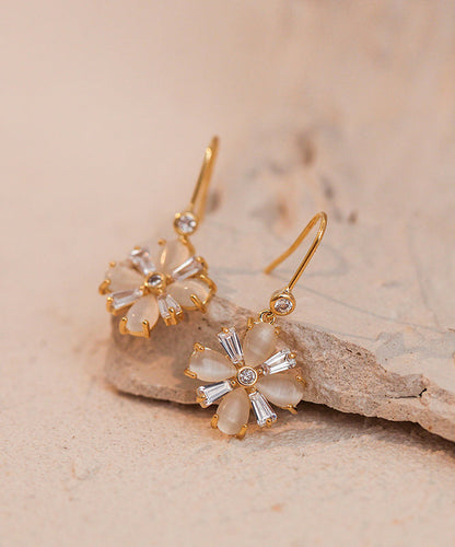 Boutique Gold Copper Alloy Cat Eye Stone Clover Drop Earrings