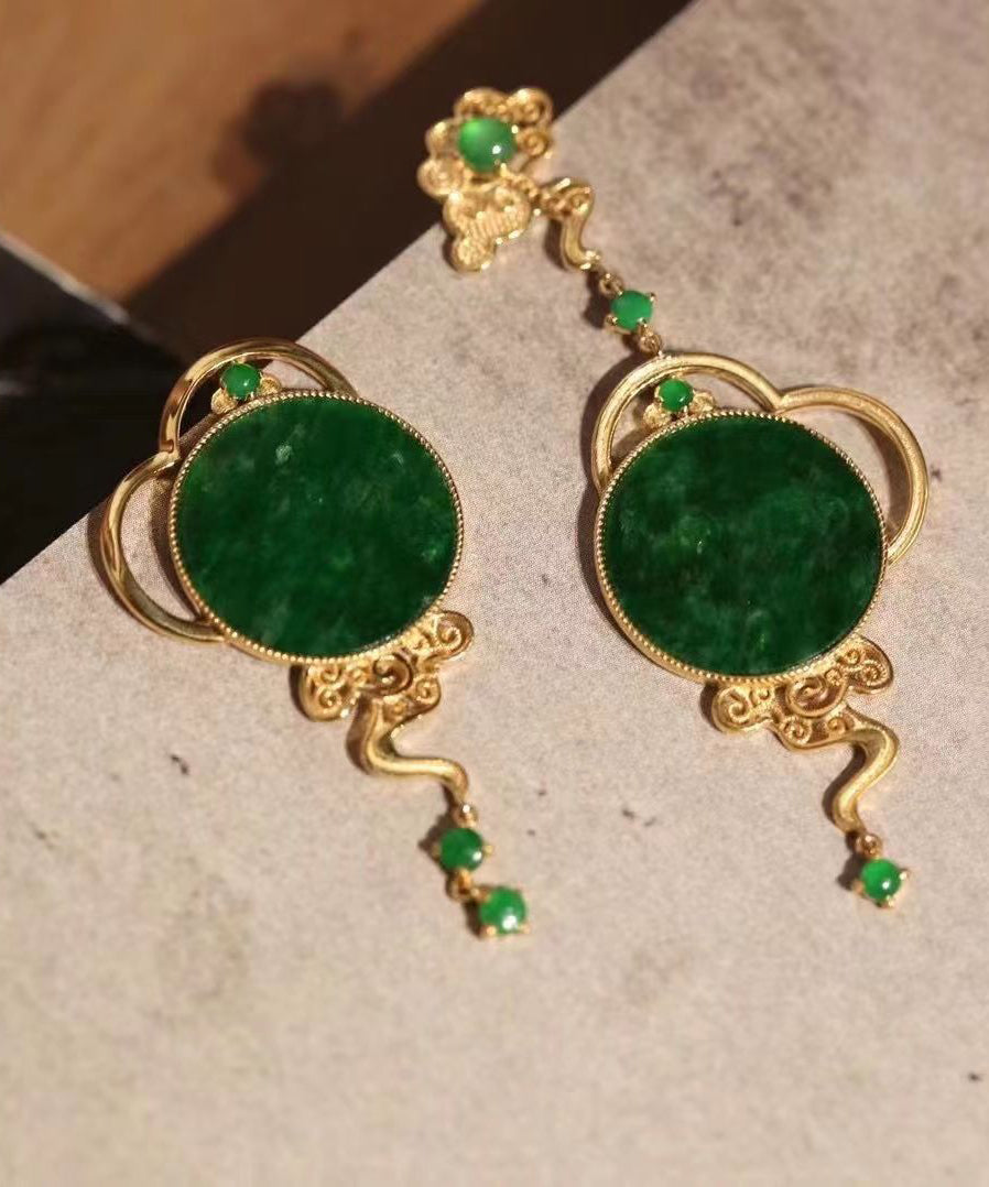 Boutique Retro Green Jade Patchwork 14k Drop Earrings