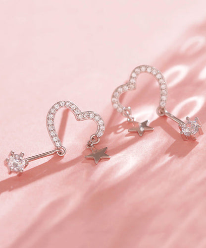 Brief Silk Sterling Silver Zircon Love Star Tassel Stud Earrings