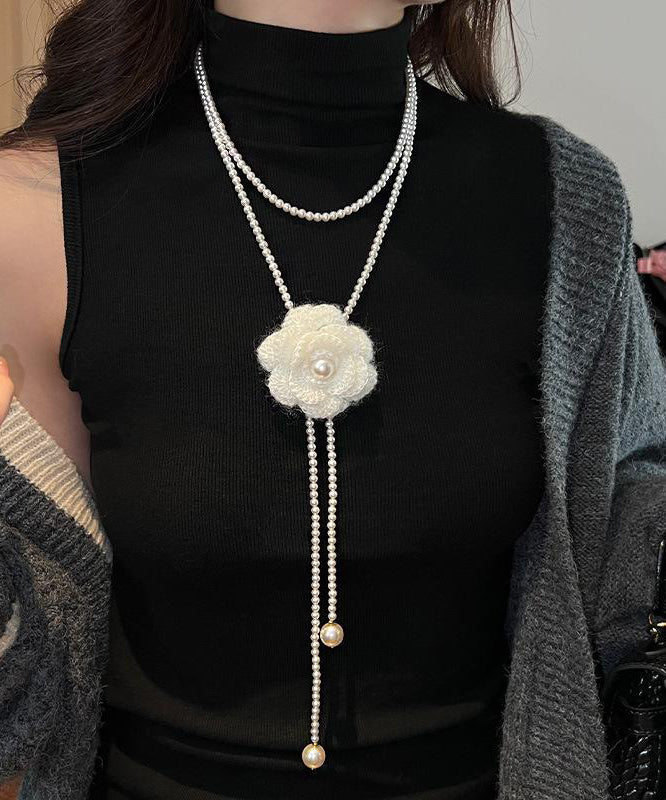 Brief White Alloy Camellia Pearl Beading Double Layered Pendant Necklace Yu023
