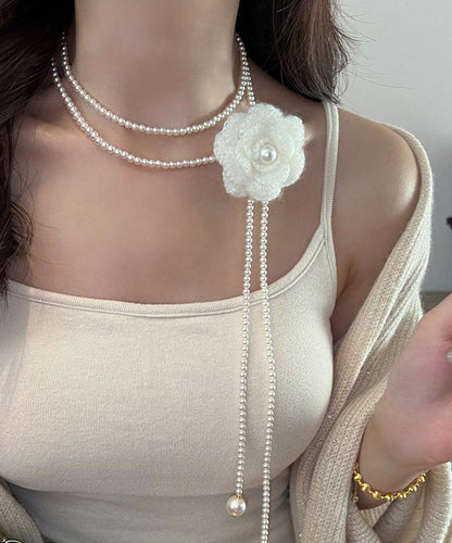 Brief White Alloy Camellia Pearl Beading Double Layered Pendant Necklace Yu023