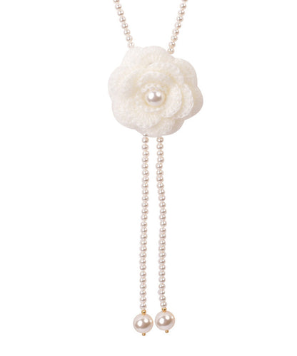 Brief White Alloy Camellia Pearl Beading Double Layered Pendant Necklace Yu023