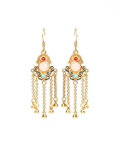 Colorblock Ancient Gold Jade Turquoise Tassel Drop Earrings