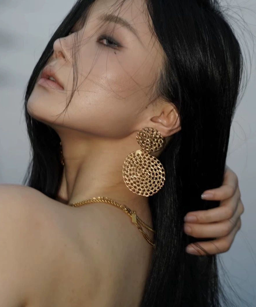 Gold Copper Overgild Hollow Out Round Drop Earrings