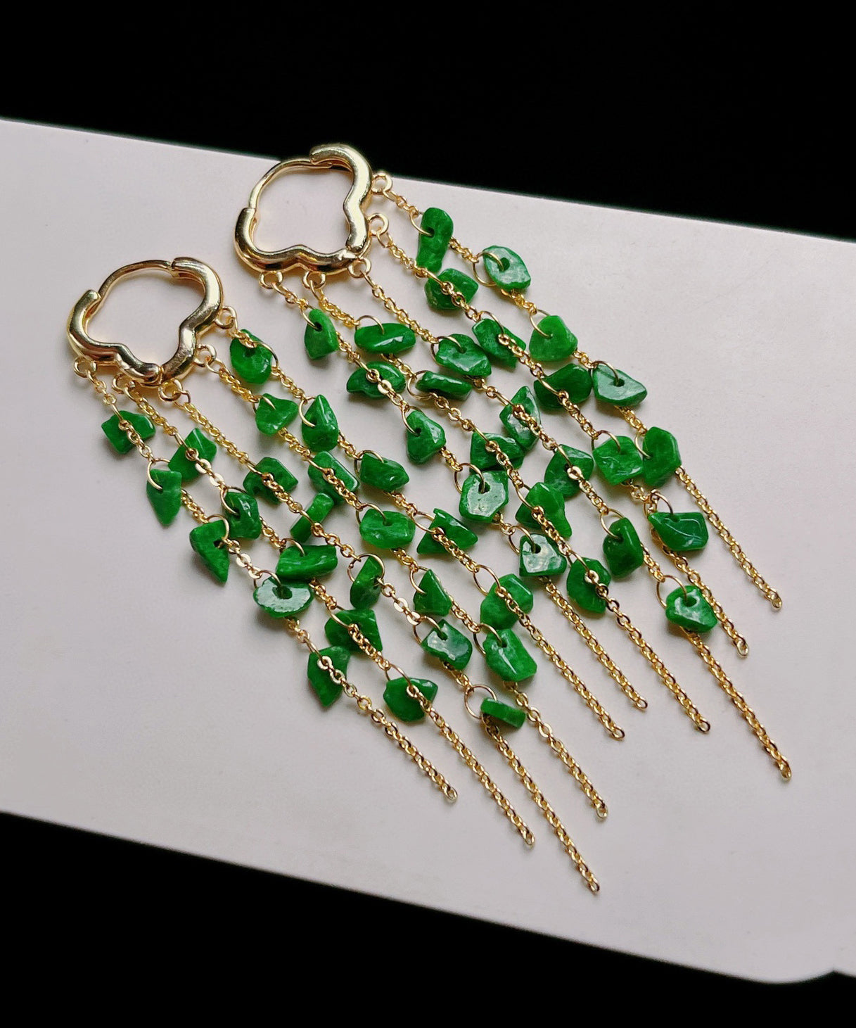 Green Sterling Silver 14k Gold Jade Tassel Drop Earrings Kx1003