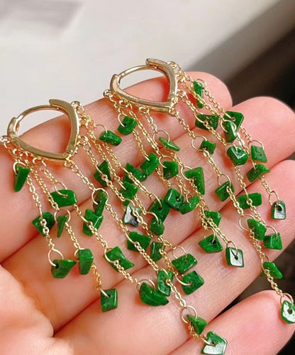 Green Sterling Silver 14k Gold Jade Tassel Drop Earrings Kx1003