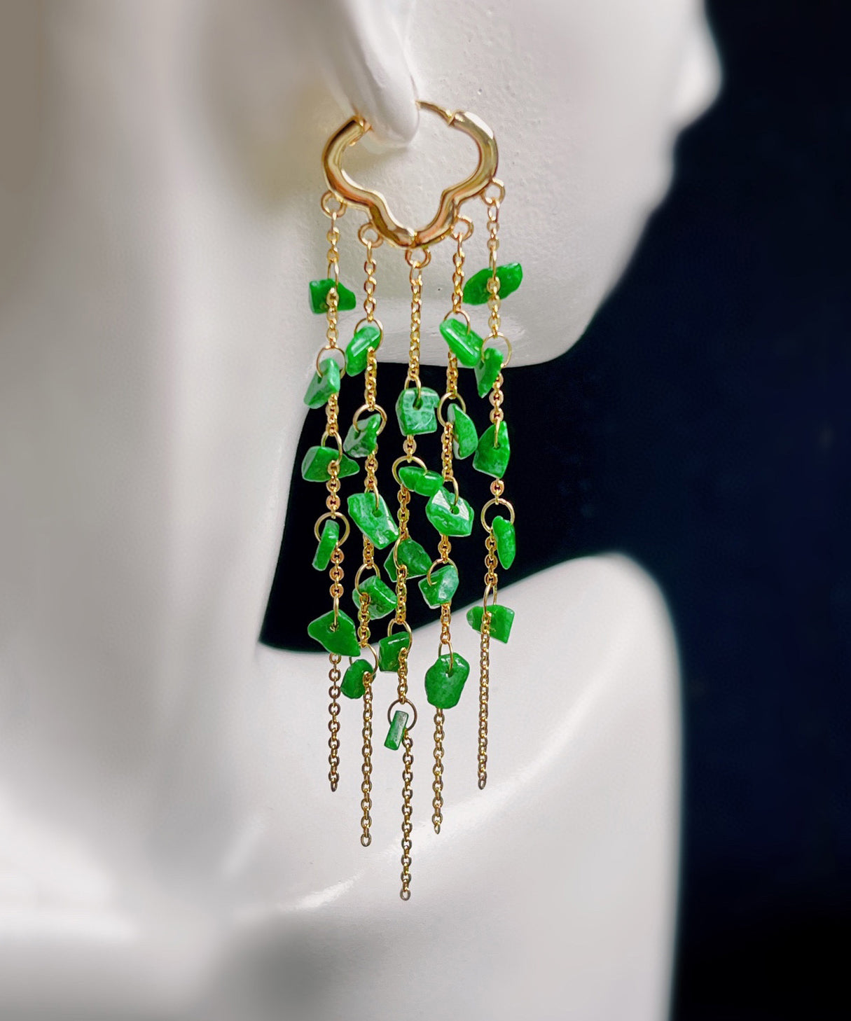 Green Sterling Silver 14k Gold Jade Tassel Drop Earrings Kx1003