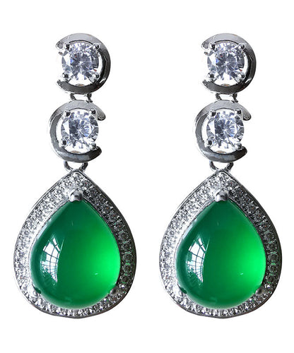 Green Sterling Silver Inlaid Zircon Chalcedony Water Drop Drop Earrings