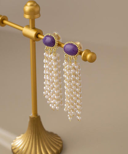 Purple Alloy Pearl Resin Tassel Drop Earrings