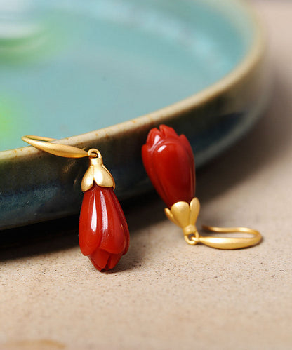 Red Sterling Silver Overgild Inlaid Agate Orchid Drop Earrings