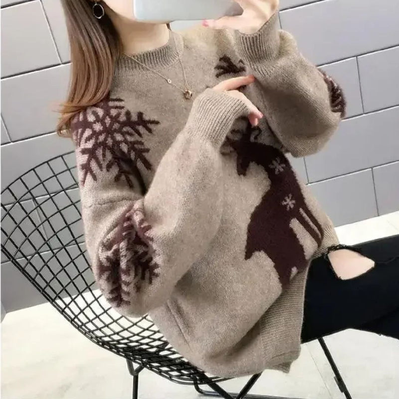 Christmas Sweater for Women with Festive Print, Warm Cotton Blend for Winter and Christmas Parties