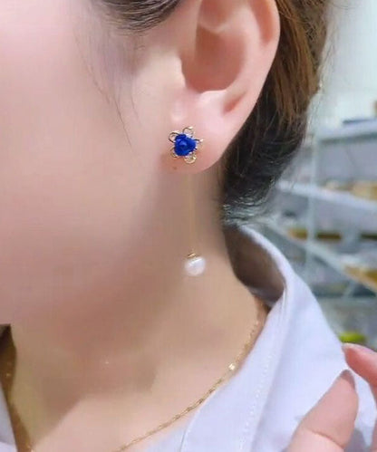 Blue Alloy Zircon Pearl Tassel Drop Earrings
