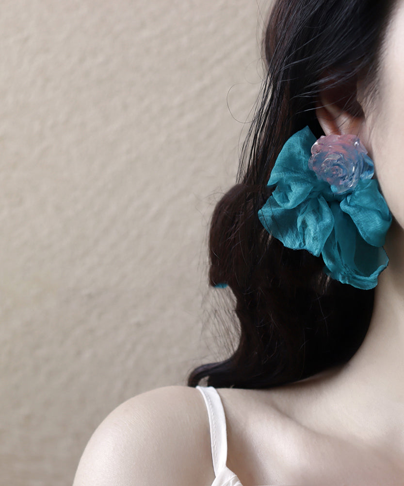 Patchwork Hoop Blue Bow Resin Chiffon Earrings