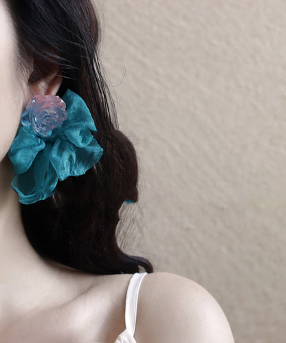 Patchwork Hoop Blue Bow Resin Chiffon Earrings