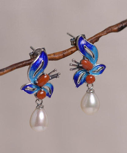 Blue Sterling Silver Cloisonne Jade Pearl Butterfly Stud Earrings Tw1052