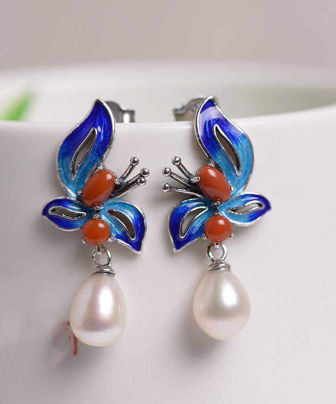 Blue Sterling Silver Cloisonne Jade Pearl Butterfly Stud Earrings Tw1052