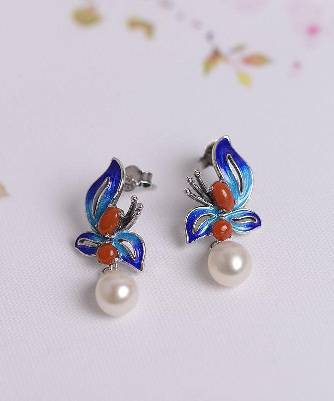 Blue Sterling Silver Cloisonne Jade Pearl Butterfly Stud Earrings