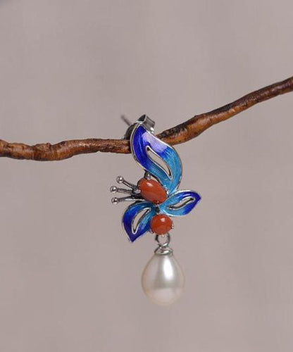 Blue Sterling Silver Cloisonne Jade Pearl Butterfly Stud Earrings Tw1052