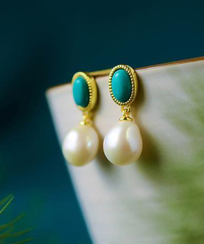 Blue Sterling Silver Overgild Turquoise Pearl Drop Earrings