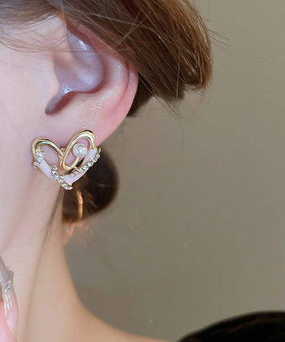 Colorblock Alloy Zircon Pearl Love Drip Glaze Stud Earrings