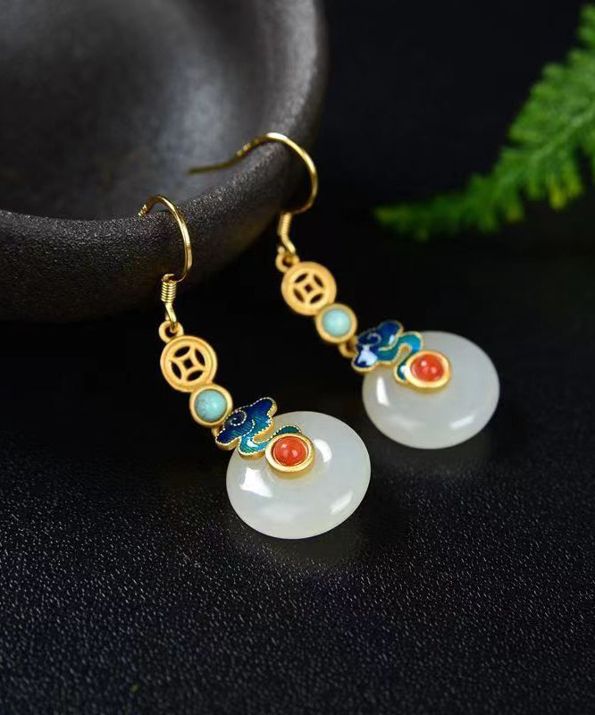 Colorblock Sterling Silver Overgild Jade Agate Turquoise Enamel Xiangyun Drop Earrings