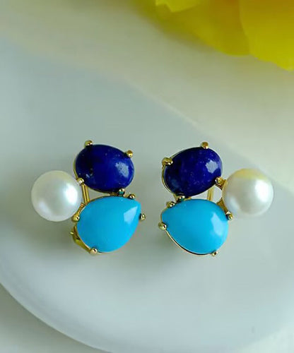 Colorblock Sterling Silver Overgild Turquoise Pearl Stud Earrings