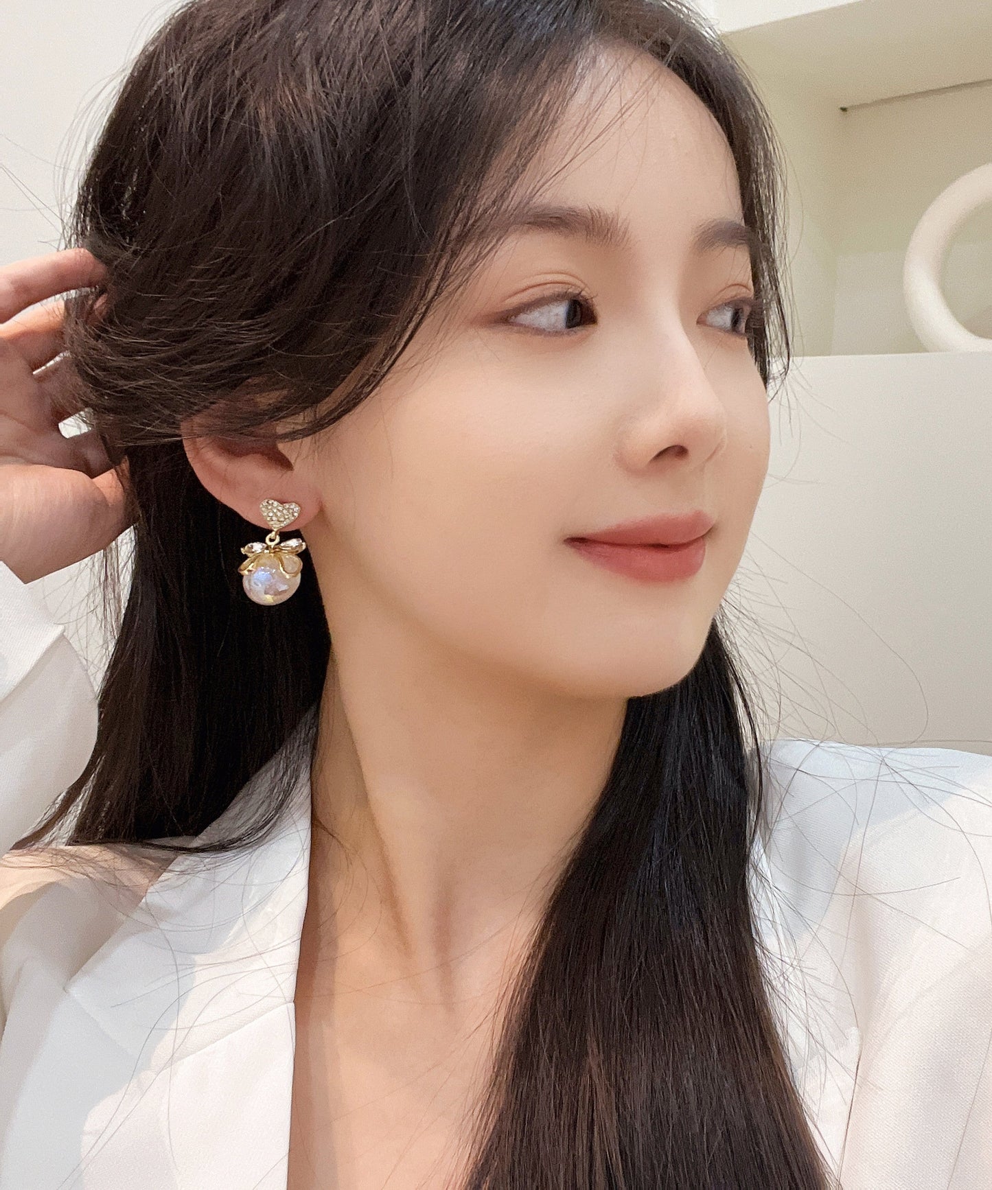 Gold Alloy Zircon Pearl Bow Love Drop Earrings
