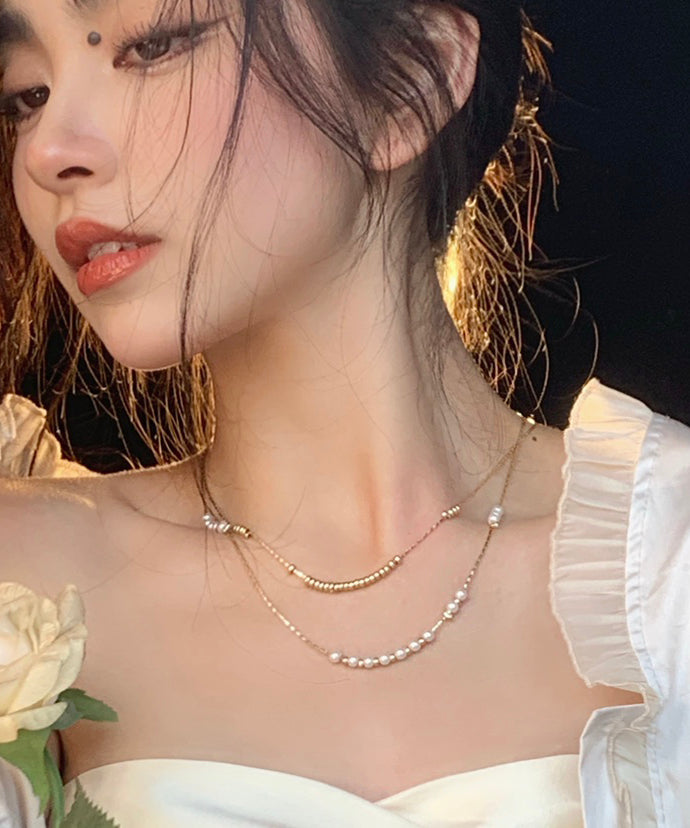 Gold Silk Yarn Multilayer Pearl Tassel Necklace