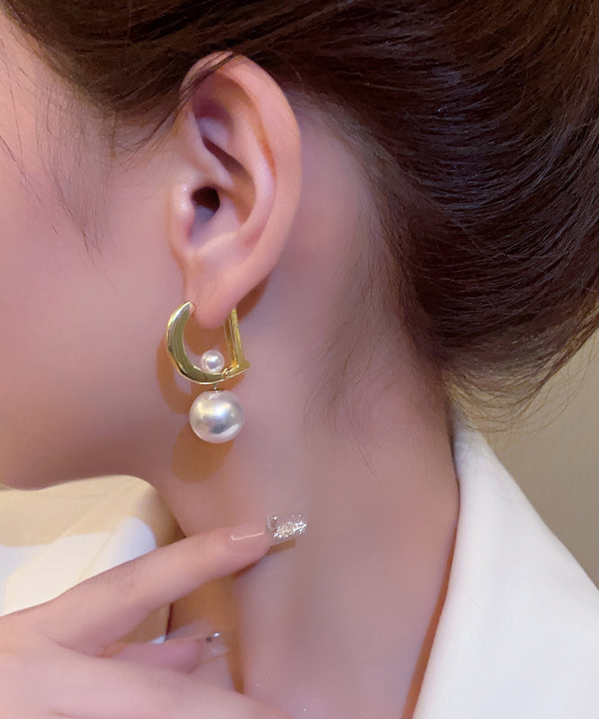 Gold Sterling Silver Alloy Pearl Letter Drop Earrings Kx1054