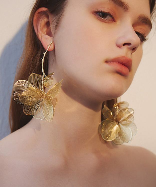 Golden Large Flower Metal Drop Earrings