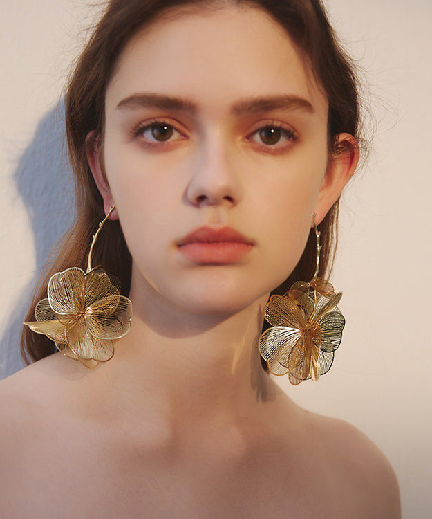 Golden Large Flower Metal Drop Earrings