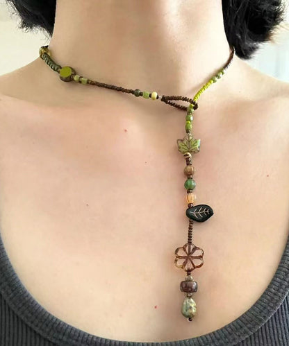 Green Hand Woven Beading Lariat Necklace Qu023