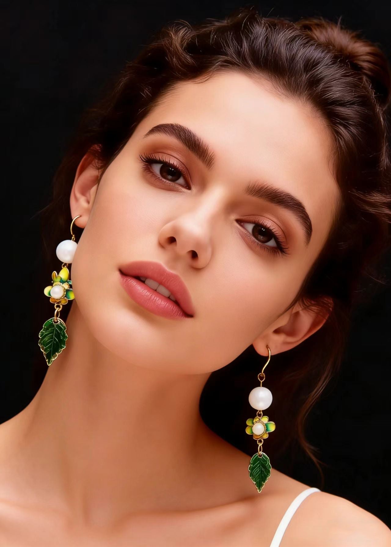 Green Leaf Metal Fine Pearl Drop Earrings