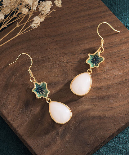 Green Overgild Inlaid Jade Tassel Water Drop Drop Earrings