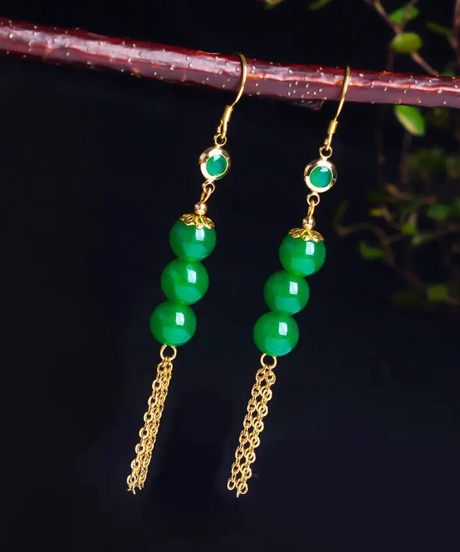 Sterling Silver Overgild 14k Gold Jade Tassel Drop Earrings