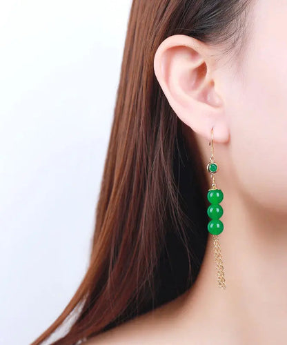 Sterling Silver Overgild 14k Gold Jade Tassel Drop Earrings