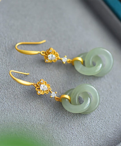 Light Green Sterling Silver Overgild Double Ring Jade Zircon Drop Earrings Gh1020