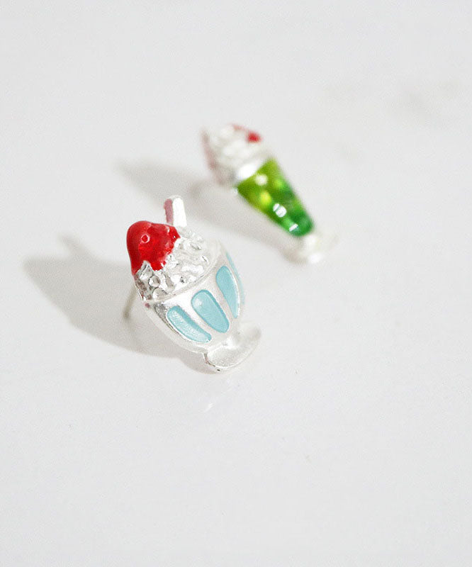 Multicolour Asymmetrical Design Ice Cream and Sundae Metal Silver Stud Earrings