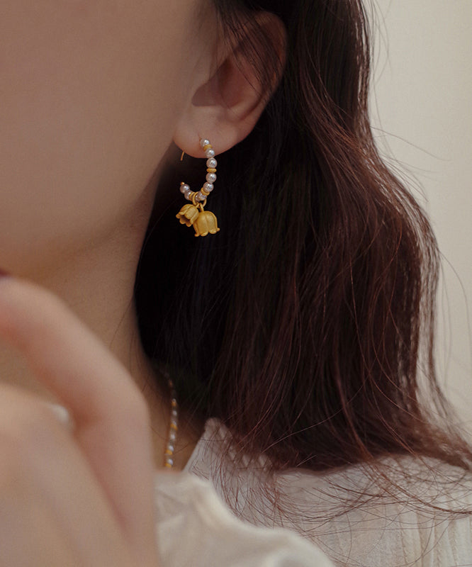 Pearl Patchwork Small Bell 14k Gold Hoop Earrings