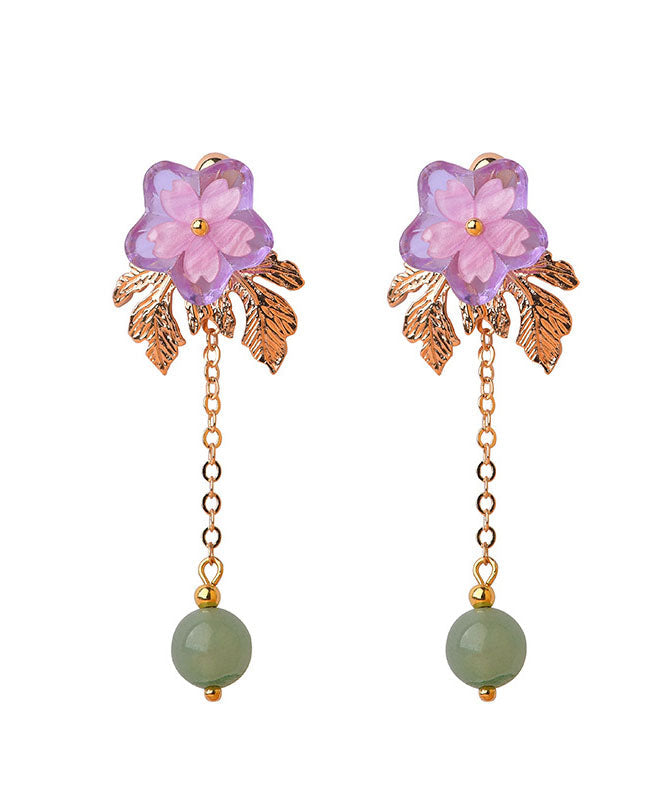 Pink Sun Flower Crystal Fine Jade 14k Gold Tassel Drop Earrings