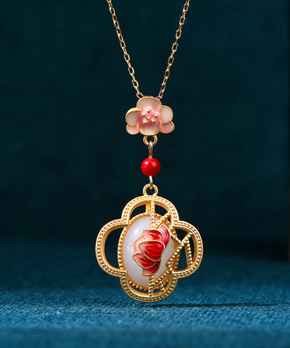 Red Ancient Gold Inlaid Jade Lotus Flower Agate Pendant Necklace Kx1074