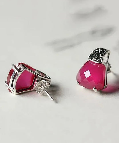 Red Sterling Silver Inlaid Gem Stone Stud Earrings